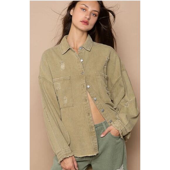 POL Jackets & Blazers - POL Boho Button Down Raw Hem Distressed Shacket Size: XS Color: Mocha Herb NWOT